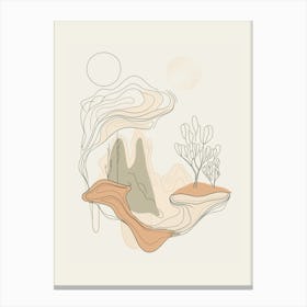 A minimalist single-line drawing featuring Dreamy, surreal landscape with floating islands and whimsical creatures themes, executed on a white background with a beige color scheme Canvas Print