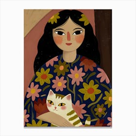 Mexican Woman Girl with Cat, Flower Dress, White Cat, Red Cheeks Canvas Print