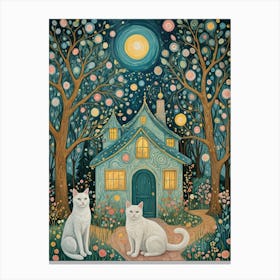 The Cottage And White Cats In The Moonlight Canvas Print