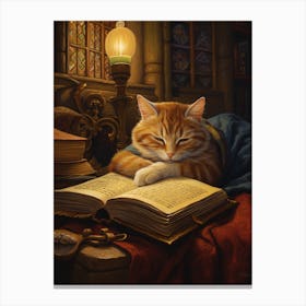 Sleepy Cat In Medieval Library Canvas Print