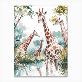 Giraffes Looking Into The Watering Hole 1 Canvas Print