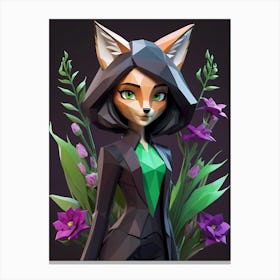 Low Poly Floral Fox Girl, Green (21) Canvas Print