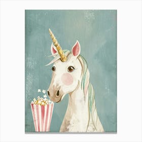 Cute Pastel Unicorn Eating Popcorn Blue Background 4 Canvas Print