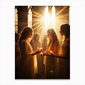 Candlelight Vigil During Spiritual Celebration Rays Of Soft Golden Light Breaking Through Stained G (5) Canvas Print