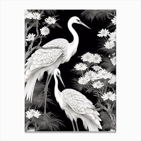 Black And White Cranes 2 Vintage Japanese Botanical Canvas Print