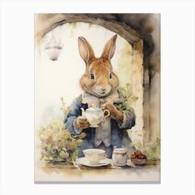 Bunny Drinking Tea Rabbit Prints Watercolour 1 Canvas Print