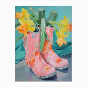 Painting Of Daffodil Flowers And Cowboy Boots, Oil Style 1 Canvas Print
