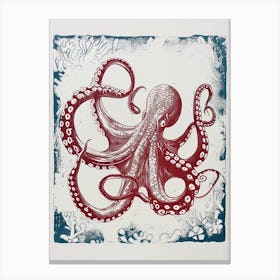 Linocut Inspired Navy Red Octopus With Coral 9 Canvas Print