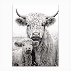 Black & White Illustration Of Highland Cow With Calf 1 Canvas Print