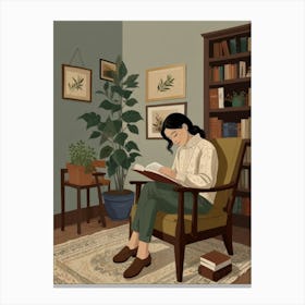 Woman Reading In The Library Canvas Print