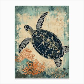 Vintage Coral & Blue Sea Turtle Canvas Print