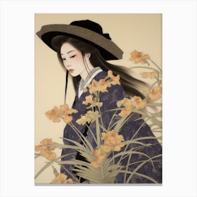 Ayame Japanese Iris 1 Vintage Japanese Botanical And Geisha Canvas Print