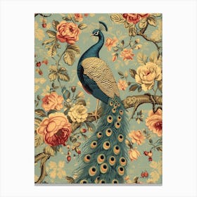 Sepia Vintage Blue Peacock Wallpaper Style Canvas Print