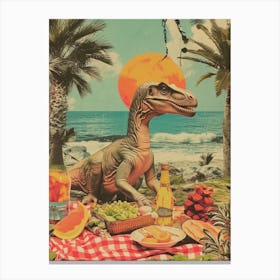 Dinosaur Having A Picnic Retro Collage 3 Canvas Print