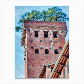 Lucca Guinigi Tower and Its Rooftop Trees. The Guinigi Tower, a historic landmark in Lucca, Italy, stands out for its unique rooftop garden featuring tall oak trees. Built in the 14th century, the red-brick structure embodies medieval architecture and offers panoramic views of the city for visitors who climb to the top. 2 Canvas Print