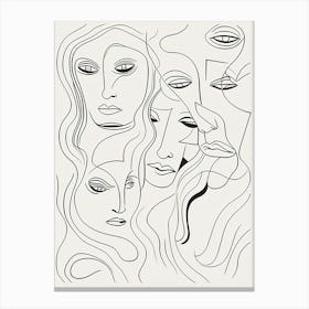 Faces In Black And White Line Art Clear 3 Canvas Print