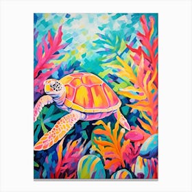 Colourful Sea Turtle With Tropical Plants Canvas Print