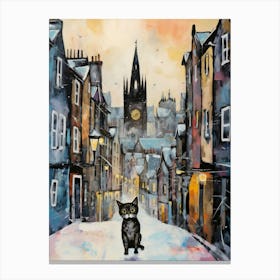 Cat In The Streets Of Edinburgh   Scotland With Snow 1 Canvas Print