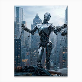 Futuristic Superhero Robot With Steel Wings Boasting A Damaged Yet Pristine Human Face In The Mids Canvas Print