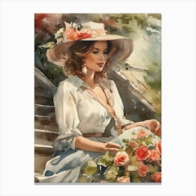 Woman With Roses Watercolor Painting Canvas Print