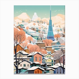 Vintage Winter Travel Illustration Seoul South Korea 4 Canvas Print