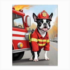 Boston Terrier Fireman With Fire Truck-Reimagined Canvas Print