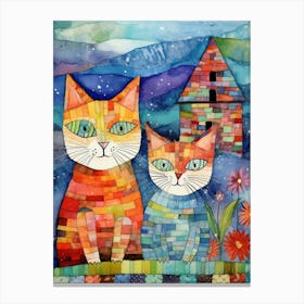 Two Patchwork Cats In Front Of A Medieval Barn Canvas Print