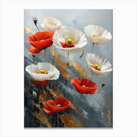 Gold Plated Red And White Poppy Flowers Canvas Print