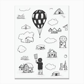 Hot Air Balloon Black And White Line Art Canvas Print