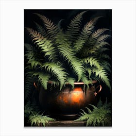 Ferns in a Witches Copper Cauldron | Dark Cottagecore Vintage Art Prints | Dark Aesthetic Gothic Academia Feature Wall | Altar Wall Witchcraft Wicca Style in HD Canvas Print