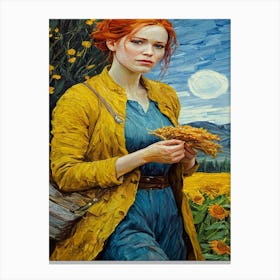 Girl In A Sunflower Field van gogh style Canvas Print
