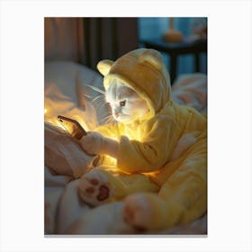 A Photo Of A Realistic White Cat That Wears A Yellow Teddy Bear Onesie Is Lying On Her Bed And Looking At Her Phone At Night Canvas Print