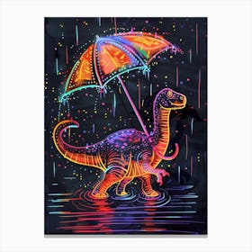 Neon Dinosaur With Umbrella In The Rain 4 Canvas Print