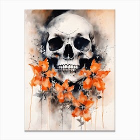 Abstract Skull Orange Flowers Painting (24) Canvas Print