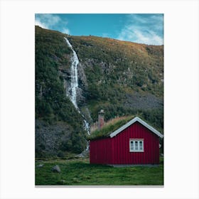 Red House With Waterfall Canvas Print