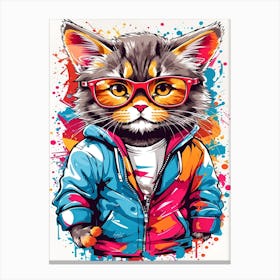 Full Color Cute Cat Wearing Jacket And Glasses Canvas Print