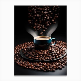 Coffee Cup With Coffee Beans On Black Background Canvas Print