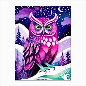 Pink Owl Snowy Landscape Painting (161) Canvas Print