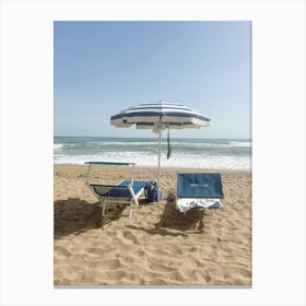 The Blue Striped Umbrella - Sicilian Beach Photo - Italy Travel Photography Canvas Print