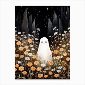 Cute Bedsheet Ghost, Botanical Halloween Watercolour 80 Canvas Print