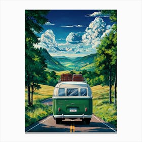 Lofi Anime Art: A vintage camper van on a countryside road with rolling hills and a vibrant sky. Perfect for nostalgic road trip vibes. Canvas Print