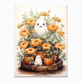 Cute Bedsheet Ghost, Botanical Halloween Watercolour 145 Canvas Print