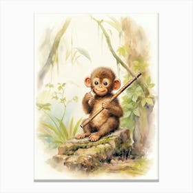 Monkey Painting Playing An Instrument Watercolour 1 Canvas Print