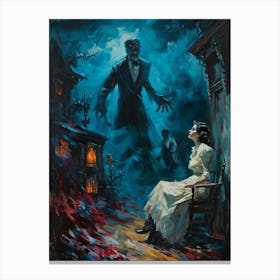 Showcasing A Startling Array Of Vintage Horror Art The Scene Unveils A Chaotic Amalgamation Of Thri (2) Canvas Print