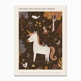 Unicorn In The Meadow With Abstract Woodland Animals 4 Poster Canvas Print