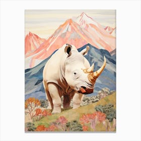 Patchwork Rhino With Mountain In The Background 1 Canvas Print