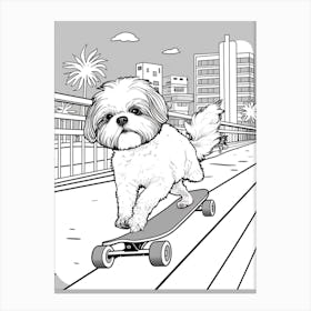 Shih Tzu Dog Skateboarding Line Art 2 Canvas Print