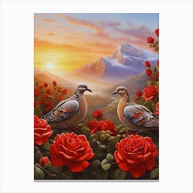 Lucky Doves On Red Roses Canvas Print