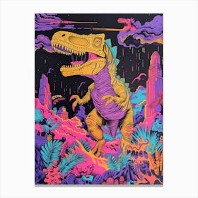 Dinosaur Teal Lilac Cityscape Jurassic Illustration Canvas Print