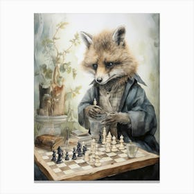 Fox Art Playing Chess Watercolour 1 Canvas Print